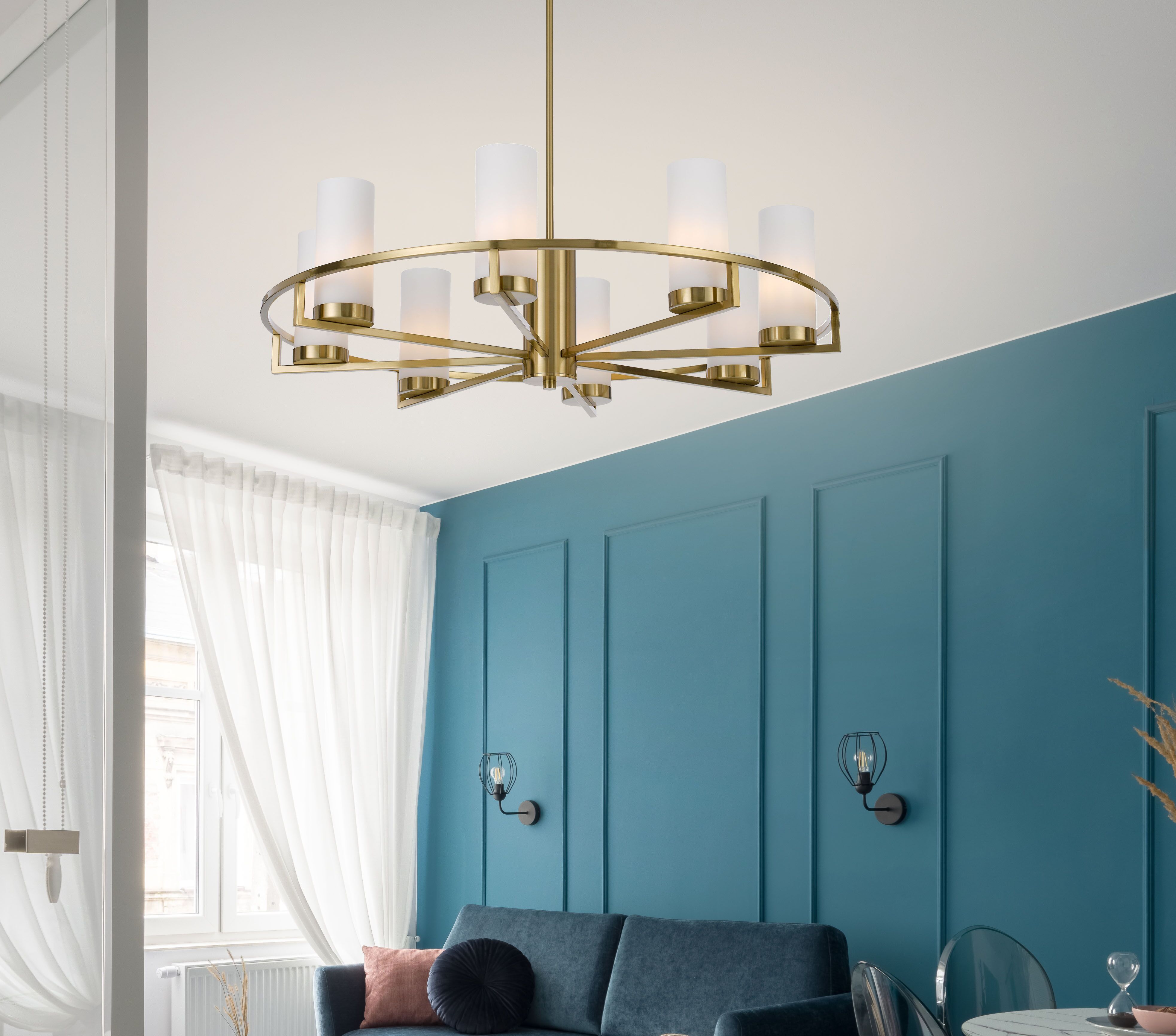 Living room with teal blue wall