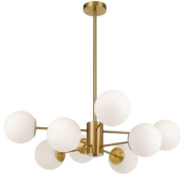 Marsten 8 light starburst pendant with glass spheres and straight rods in a contemporary deco style